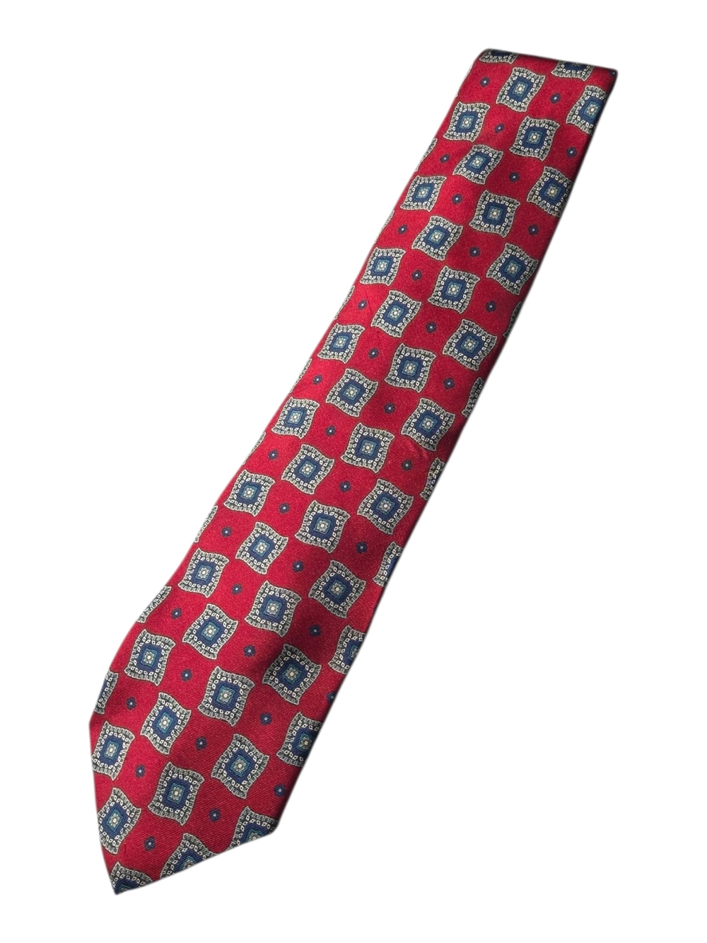 Christian Dior Red Tie with Blue and Cream Medallion Pattern